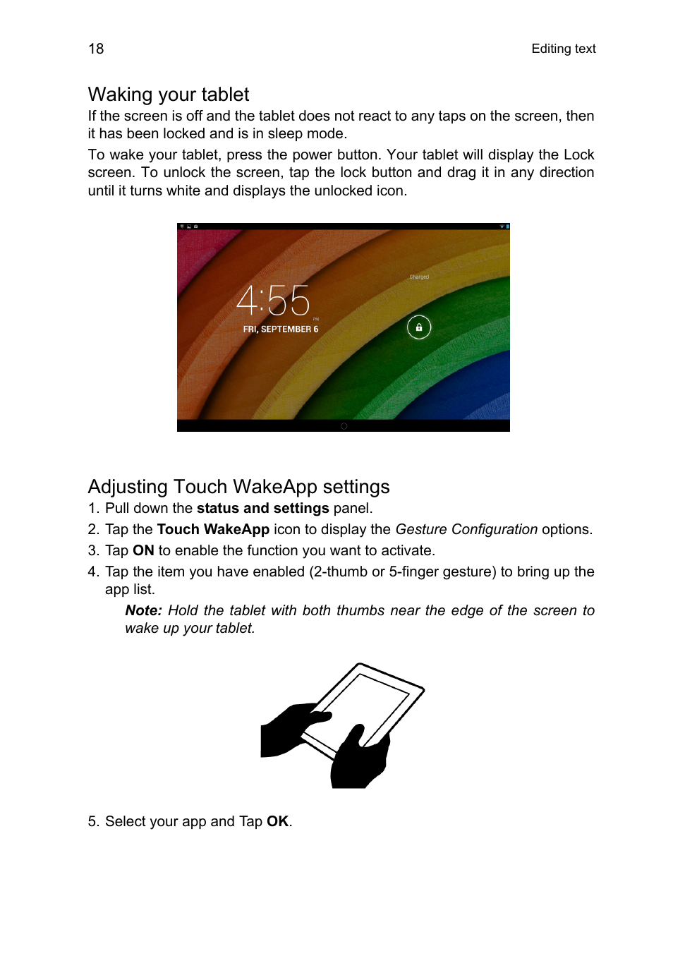 Waking your tablet, Adjusting touch wakeapp settings | Acer A3-A10 User Manual | Page 18 / 51