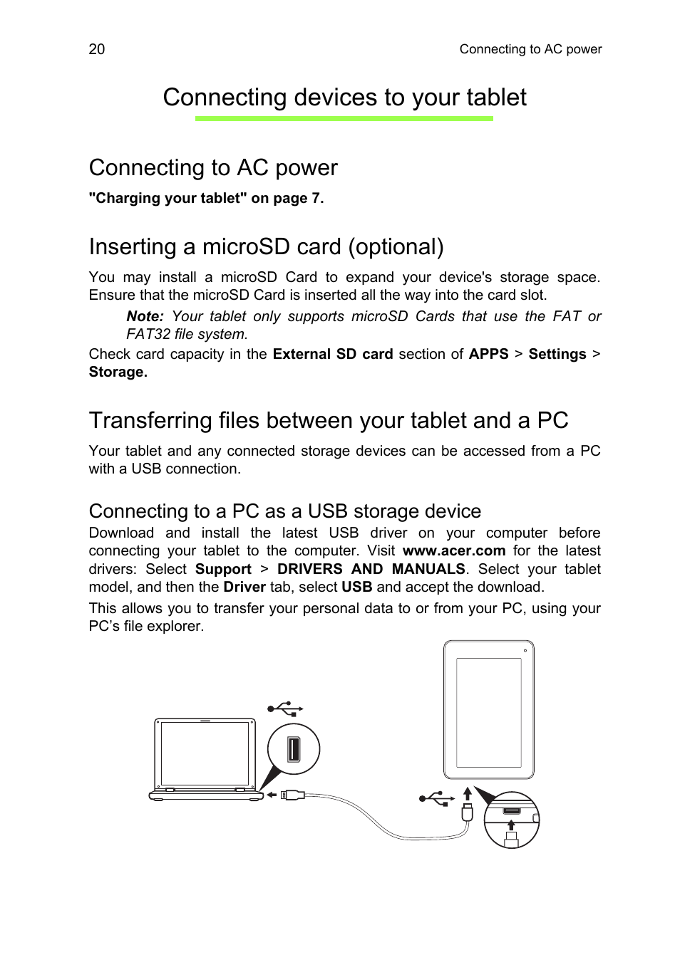 Connecting devices to your tablet, Connecting to ac power, Inserting a microsd card (optional) | Transferring files between your tablet and a pc, Connecting to a pc as a usb storage device | Acer A3-A10 User Manual | Page 20 / 51