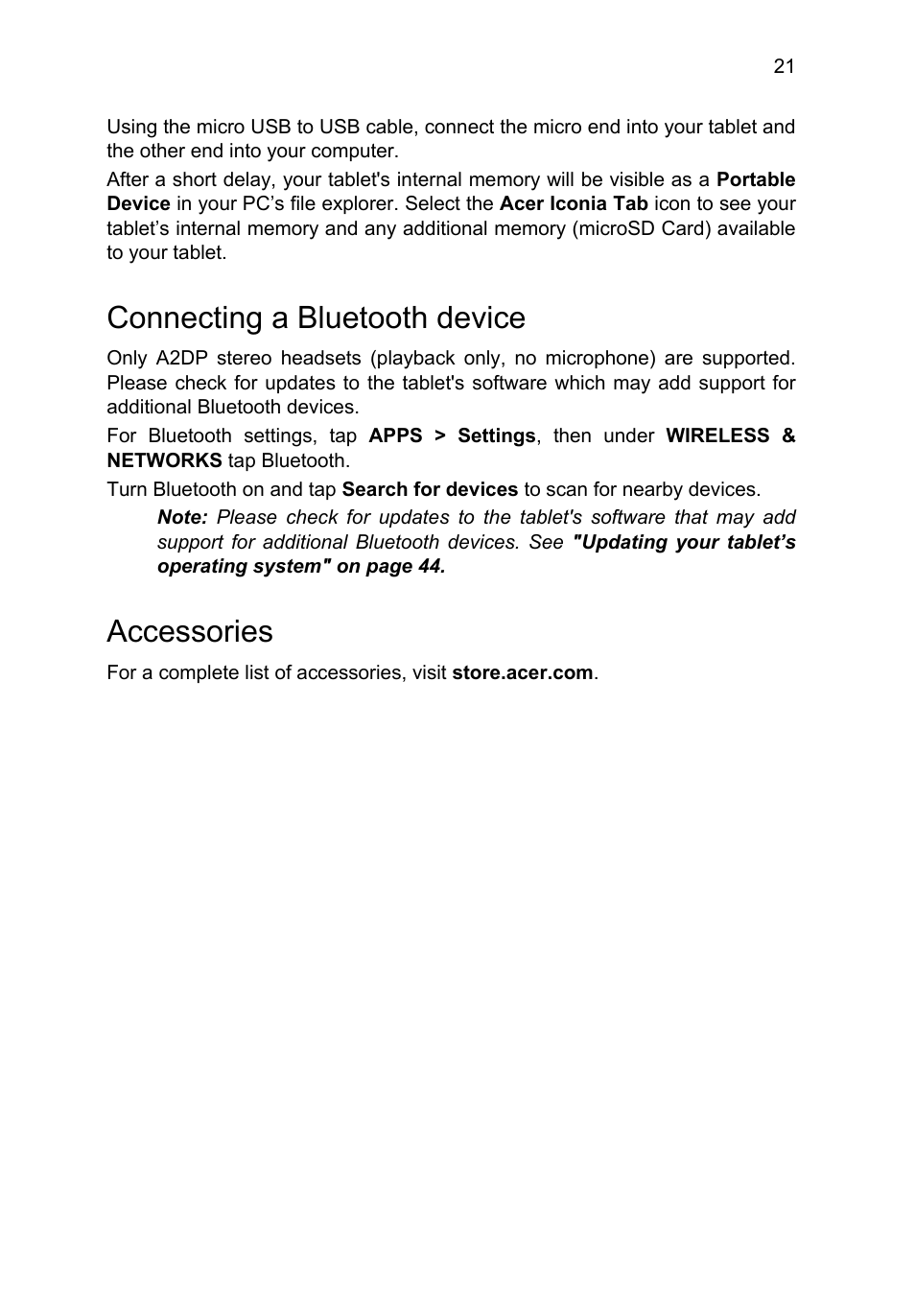 Connecting a bluetooth device, Accessories, Connecting a bluetooth device accessories | Acer A3-A10 User Manual | Page 21 / 51