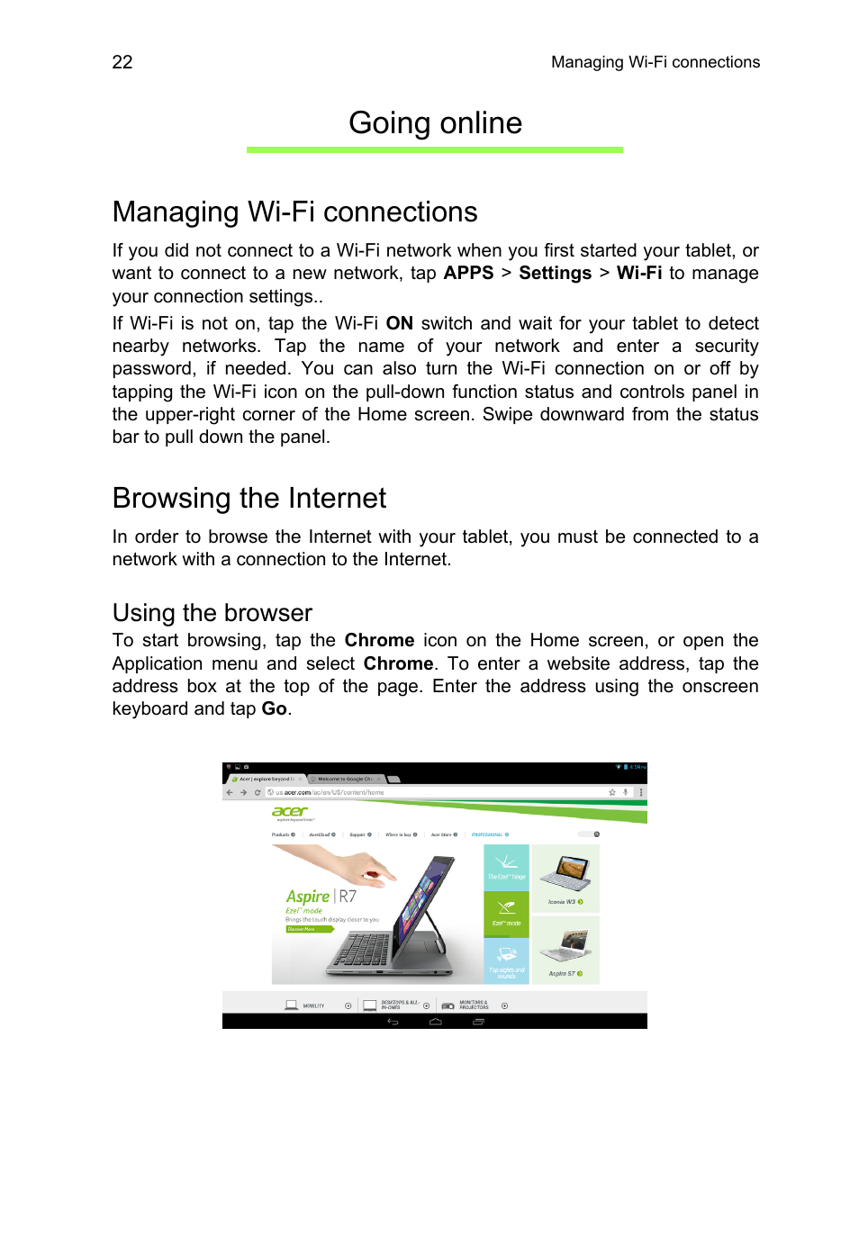 Going online, Managing wi-fi connections, Browsing the internet | Using the browser, Managing wi-fi connections browsing the internet | Acer A3-A10 User Manual | Page 22 / 51