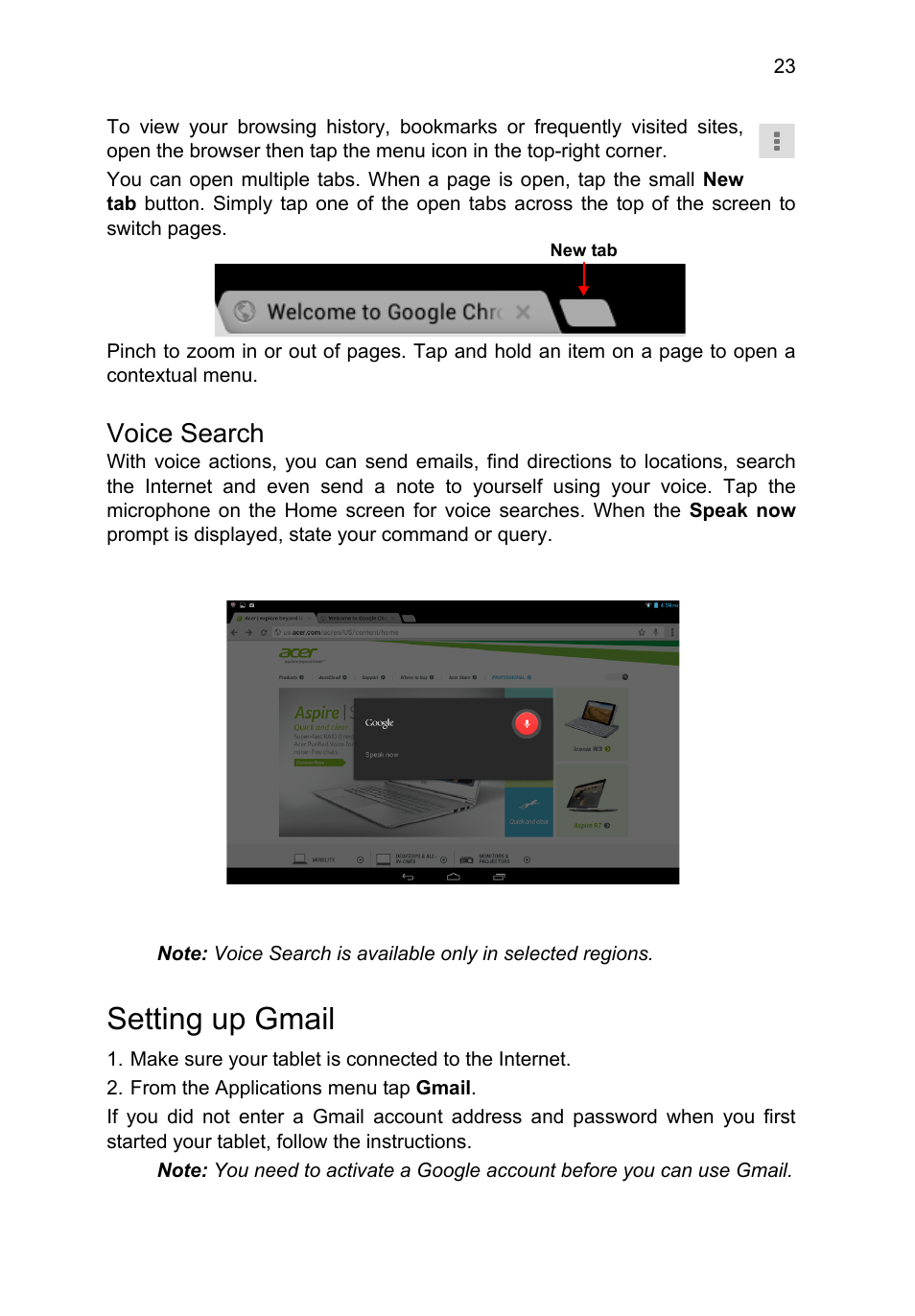 Voice search, Setting up gmail | Acer A3-A10 User Manual | Page 23 / 51