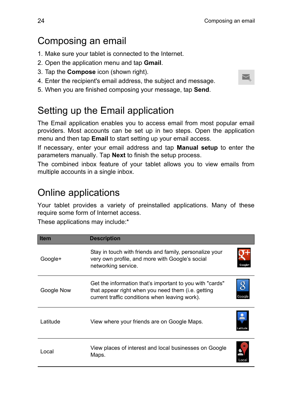 Composing an email, Setting up the email application, Online applications | Acer A3-A10 User Manual | Page 24 / 51