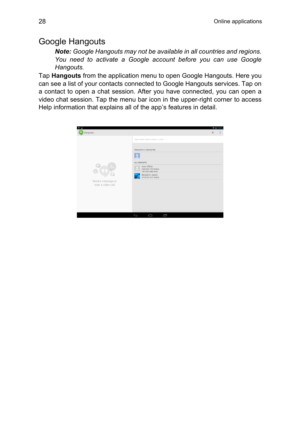 Google hangouts | Acer A3-A10 User Manual | Page 28 / 51