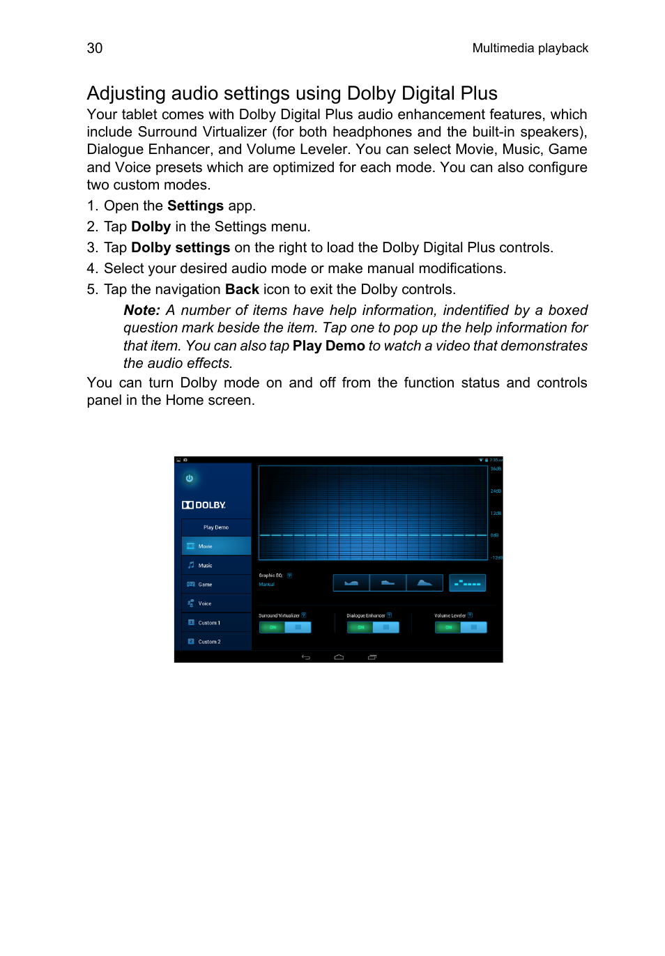 Adjusting audio settings using dolby digital plus | Acer A3-A10 User Manual | Page 30 / 51