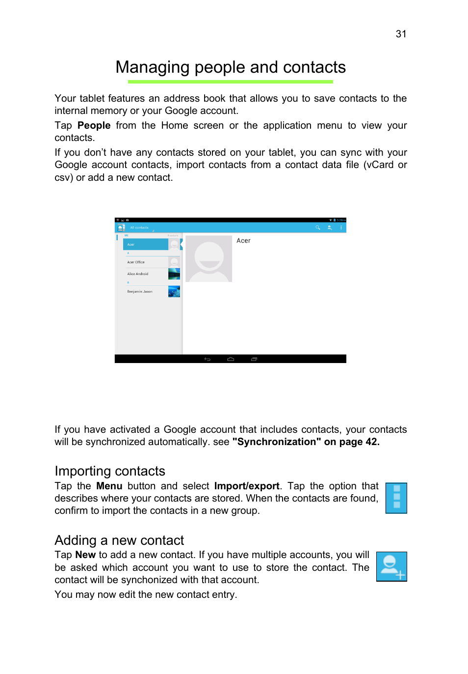 Managing people and contacts, Importing contacts, Adding a new contact | Acer A3-A10 User Manual | Page 31 / 51