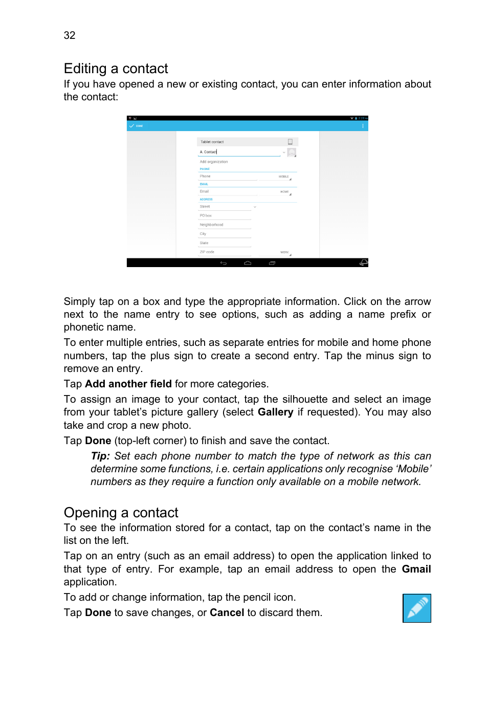 Editing a contact, Opening a contact | Acer A3-A10 User Manual | Page 32 / 51