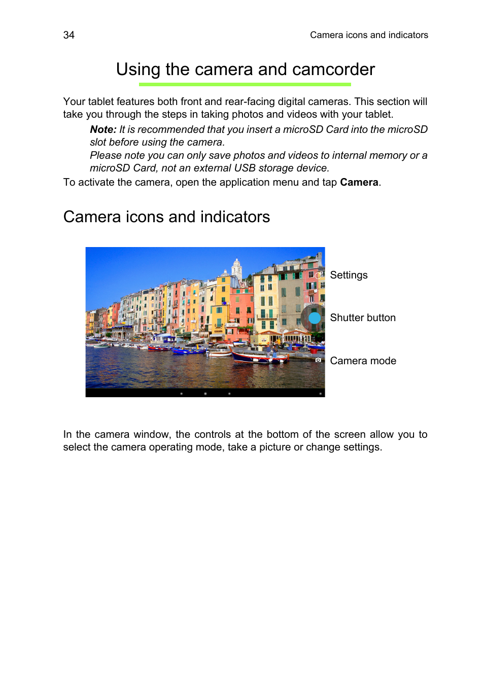 Using the camera and camcorder, Camera icons and indicators | Acer A3-A10 User Manual | Page 34 / 51