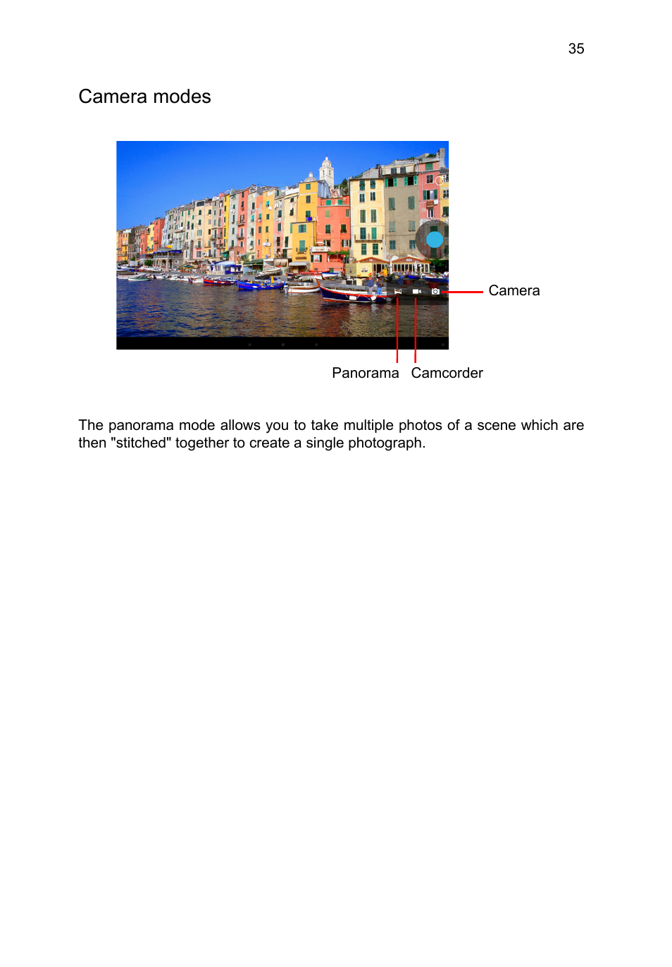 Camera modes | Acer A3-A10 User Manual | Page 35 / 51