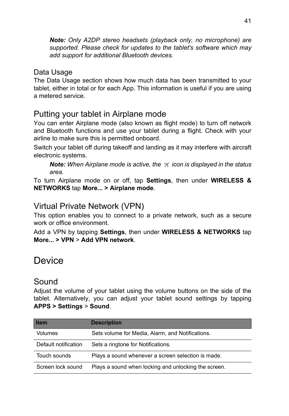 Putting your tablet in airplane mode, Virtual private network (vpn), Device | Sound | Acer A3-A10 User Manual | Page 41 / 51