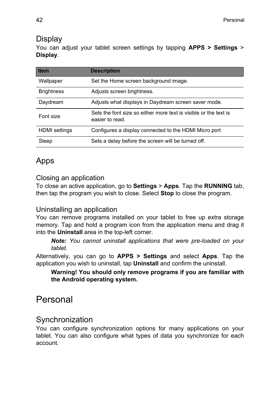 Display, Apps, Personal | Synchronization, Closing an application, Uninstalling an application | Acer A3-A10 User Manual | Page 42 / 51