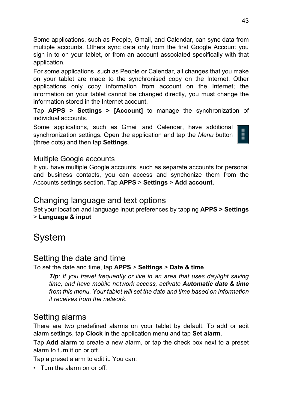 Changing language and text options, System, Setting the date and time | Setting alarms | Acer A3-A10 User Manual | Page 43 / 51