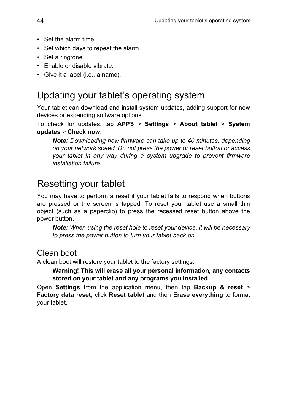 Updating your tablet’s operating system, Resetting your tablet, Clean boot | Acer A3-A10 User Manual | Page 44 / 51