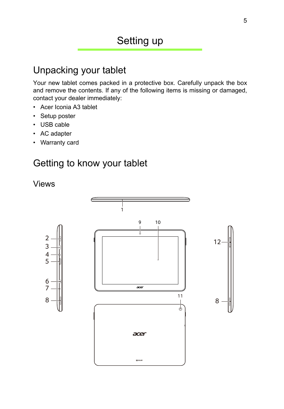 Setting up, Unpacking your tablet, Getting to know your tablet | Views, Unpacking your tablet getting to know your tablet | Acer A3-A10 User Manual | Page 5 / 51