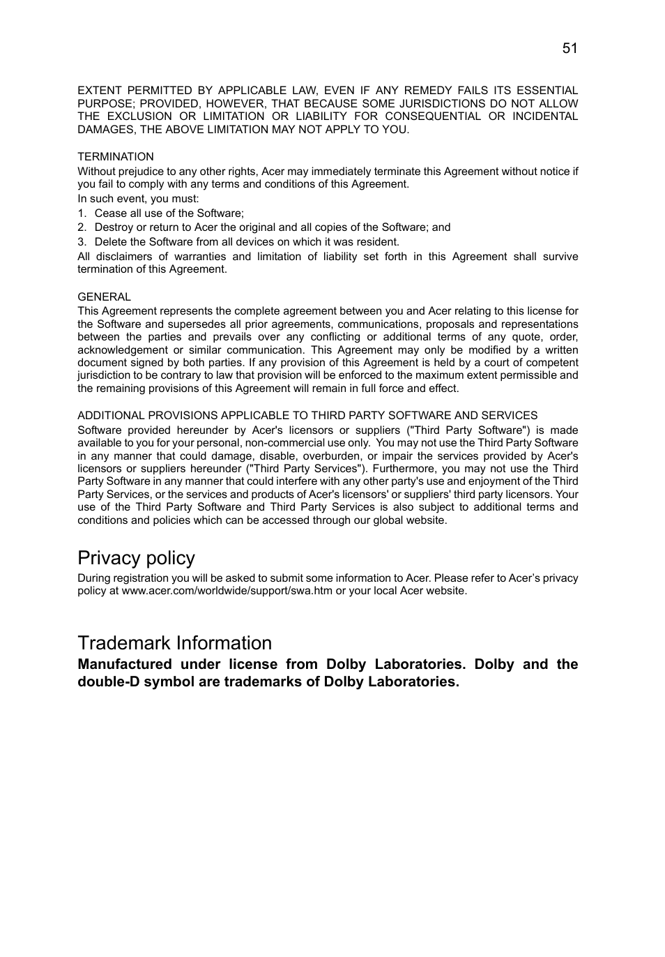 Privacy policy, Trademark information | Acer A3-A10 User Manual | Page 51 / 51