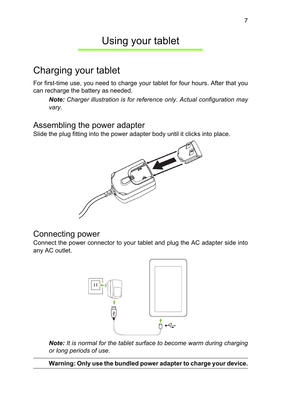 Using your tablet, Charging your tablet, Assembling the power adapter | Connecting power | Acer A3-A10 User Manual | Page 7 / 51