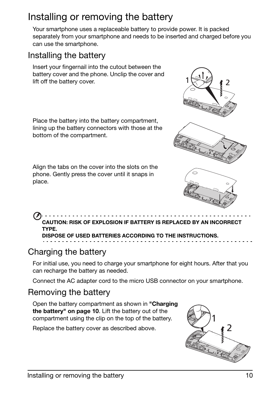 Installing or removing the battery, Installing the battery, Charging the battery | Removing the battery | Acer Liquid mini Ferrari User Manual | Page 10 / 63