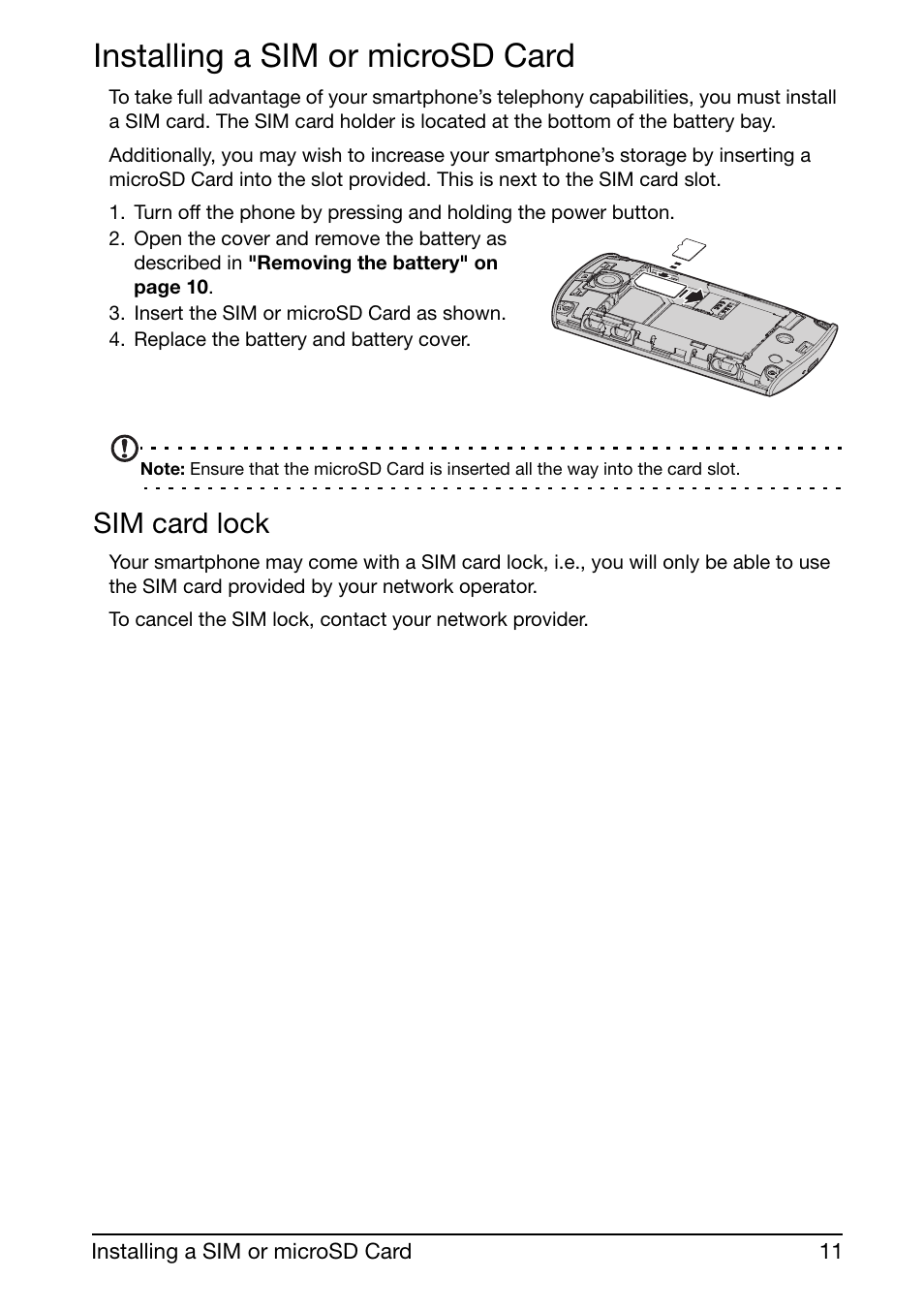 Installing a sim or microsd card, Sim card lock | Acer Liquid mini Ferrari User Manual | Page 11 / 63