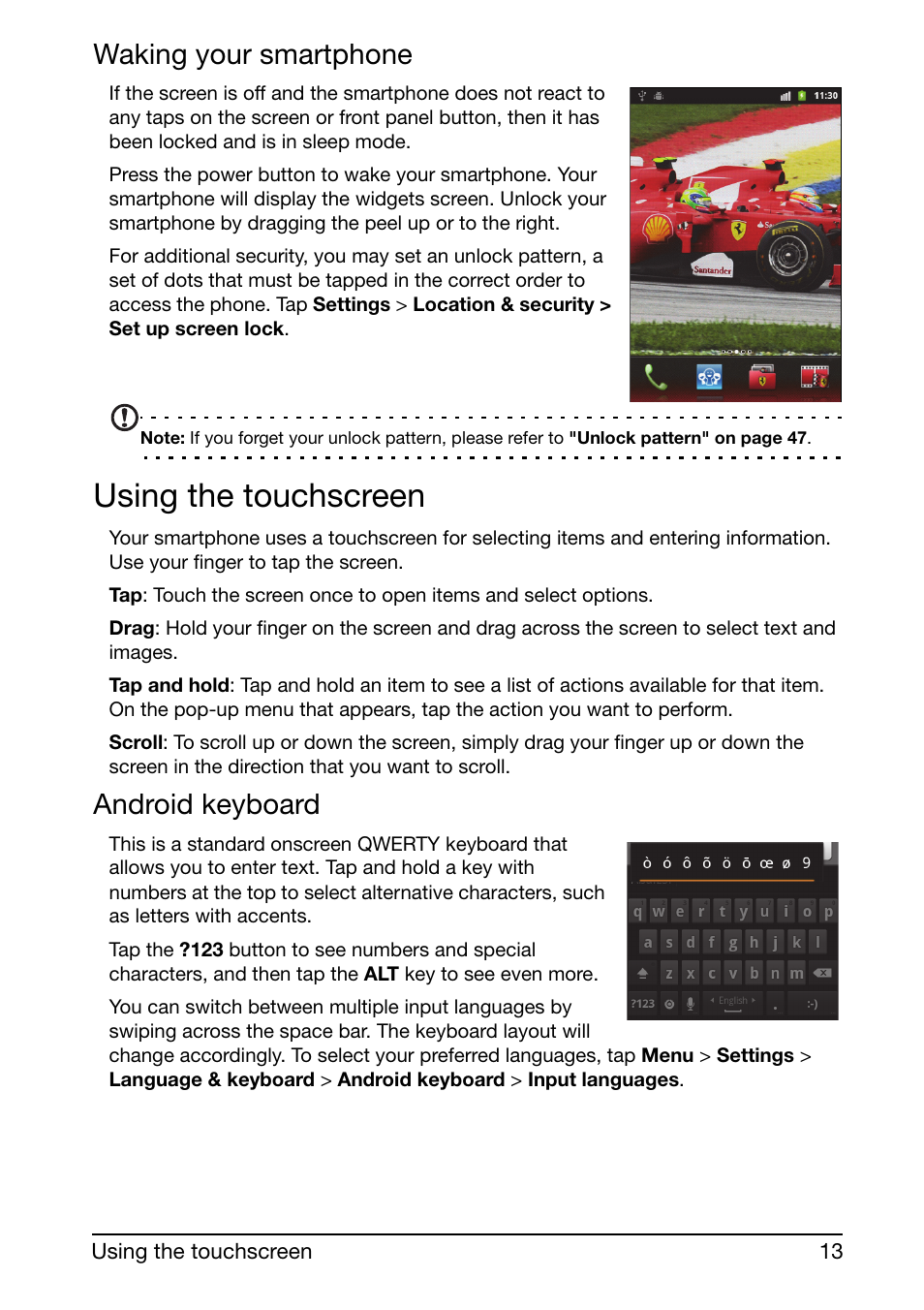 Using the touchscreen, Waking your smartphone, Android keyboard | Acer Liquid mini Ferrari User Manual | Page 13 / 63