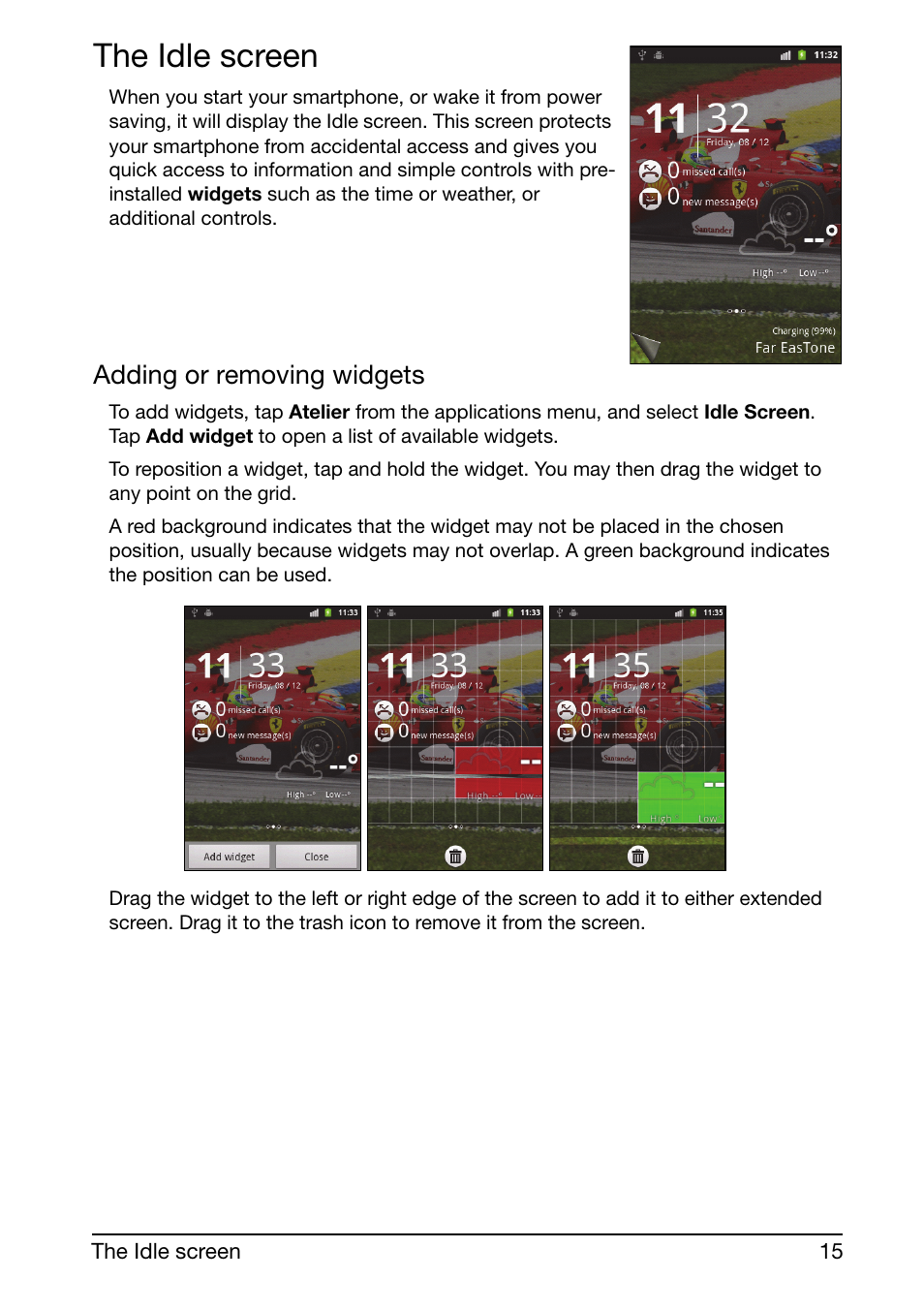 The idle screen, Adding or removing widgets | Acer Liquid mini Ferrari User Manual | Page 15 / 63