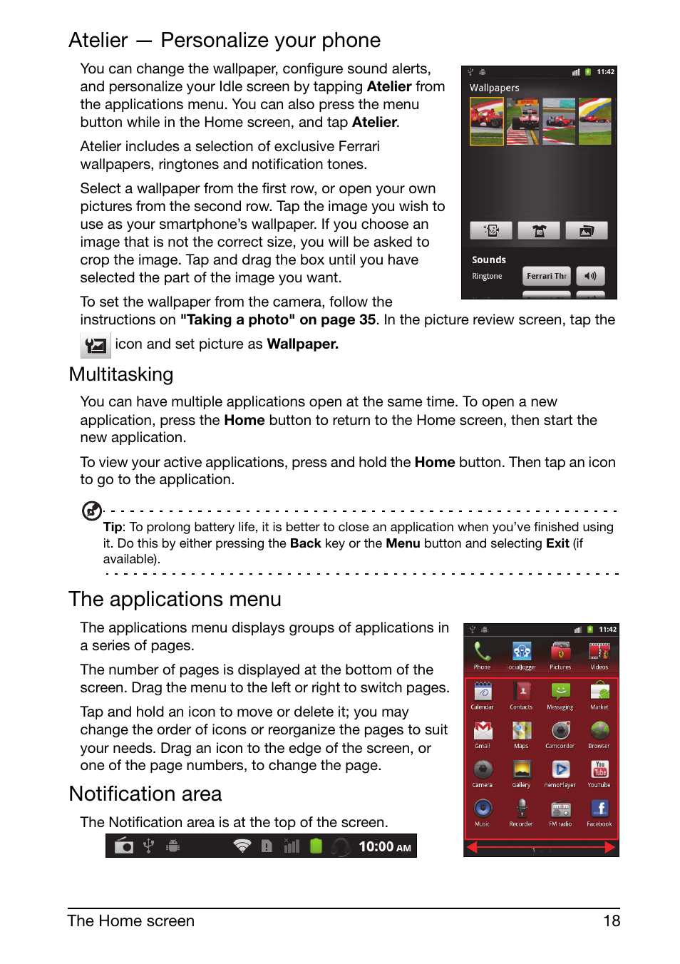 Atelier — personalize your phone, The applications menu, Notification area | Multitasking | Acer Liquid mini Ferrari User Manual | Page 18 / 63