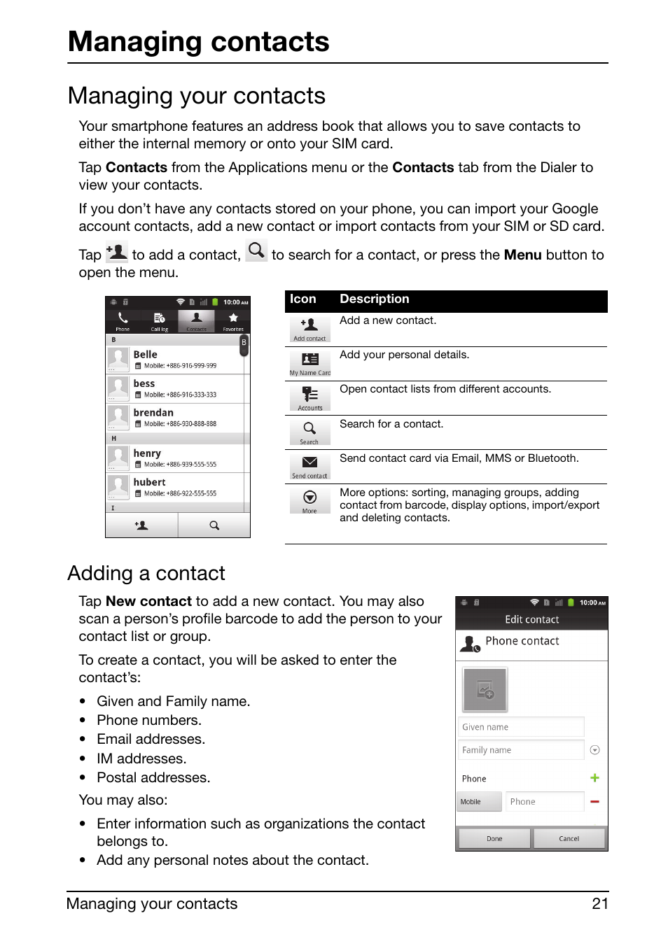 Managing your contacts, Managing contacts, Adding a contact | Acer Liquid mini Ferrari User Manual | Page 21 / 63