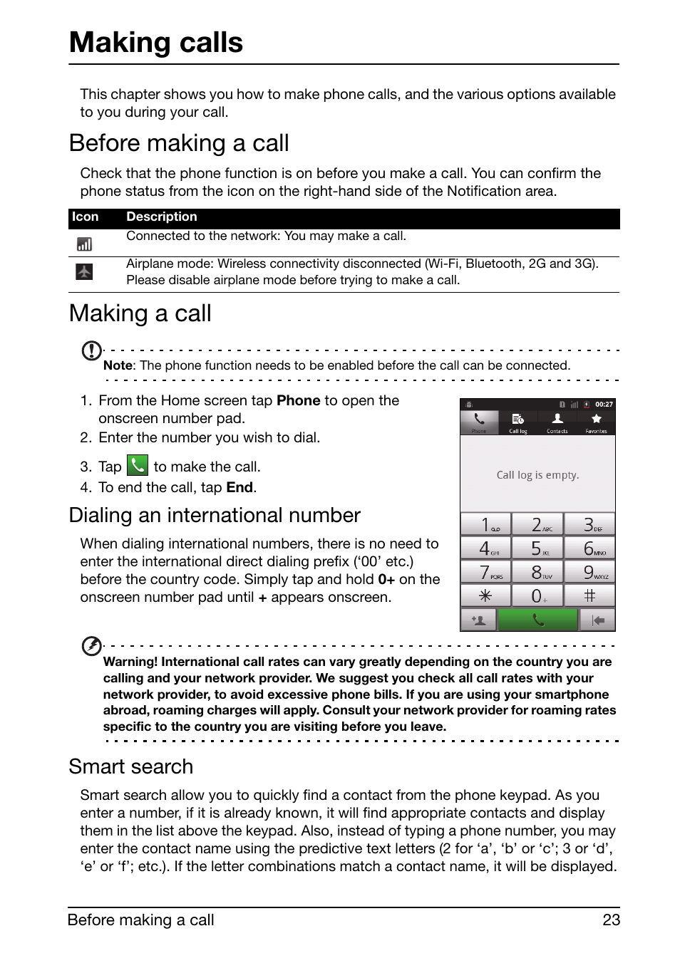 Before making a call, Making a call, Making calls | Dialing an international number, Smart search | Acer Liquid mini Ferrari User Manual | Page 23 / 63