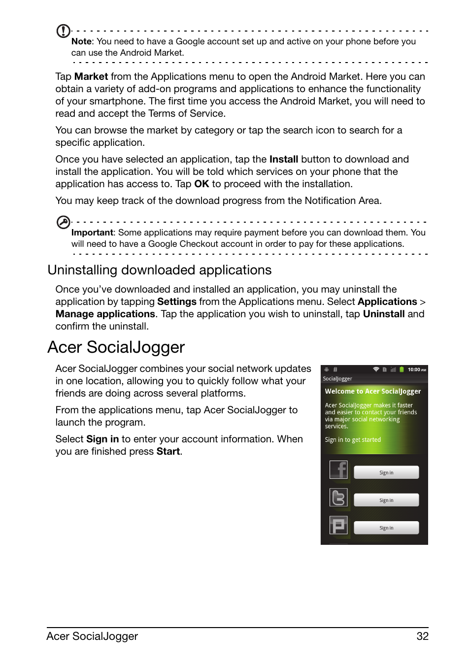 Acer socialjogger, Uninstalling downloaded applications | Acer Liquid mini Ferrari User Manual | Page 32 / 63