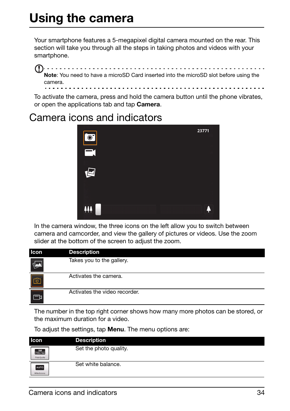 Camera icons and indicators, Using the camera | Acer Liquid mini Ferrari User Manual | Page 34 / 63