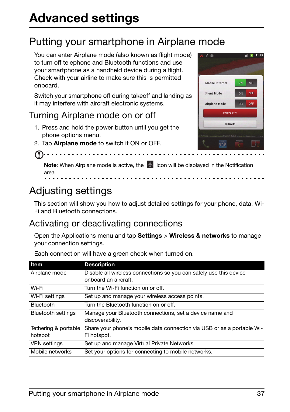 Putting your smartphone in airplane mode, Adjusting settings, Advanced settings | Turning airplane mode on or off, Activating or deactivating connections | Acer Liquid mini Ferrari User Manual | Page 37 / 63