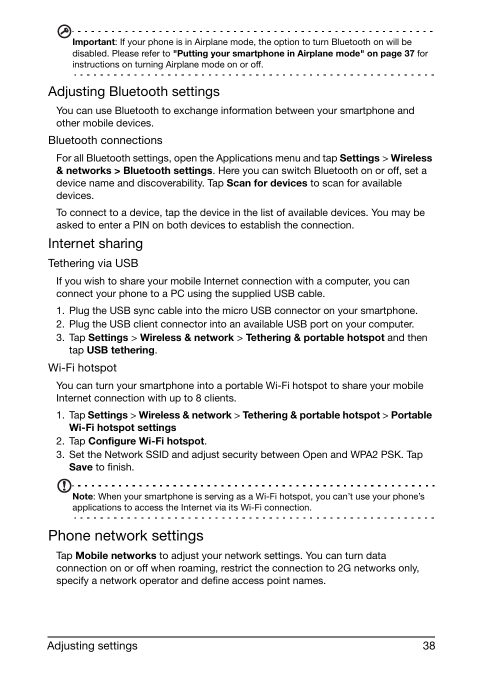 Phone network settings, Adjusting bluetooth settings, Internet sharing | Acer Liquid mini Ferrari User Manual | Page 38 / 63