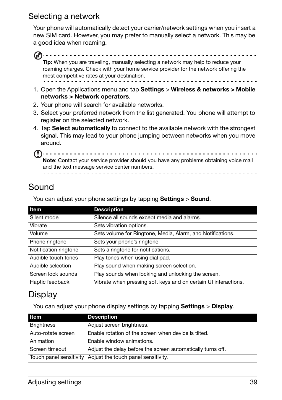 Sound, Display, Selecting a network | Acer Liquid mini Ferrari User Manual | Page 39 / 63