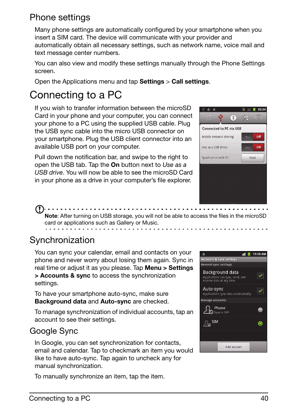 Connecting to a pc, Phone settings, Synchronization | Google sync | Acer Liquid mini Ferrari User Manual | Page 40 / 63