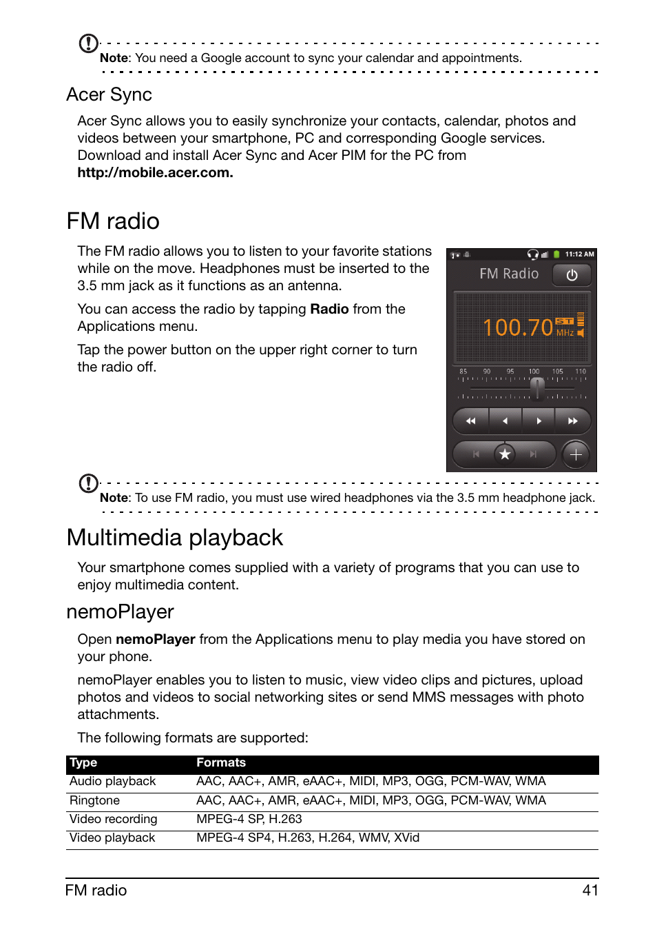 Fm radio, Multimedia playback, Nemoplayer | Acer sync | Acer Liquid mini Ferrari User Manual | Page 41 / 63