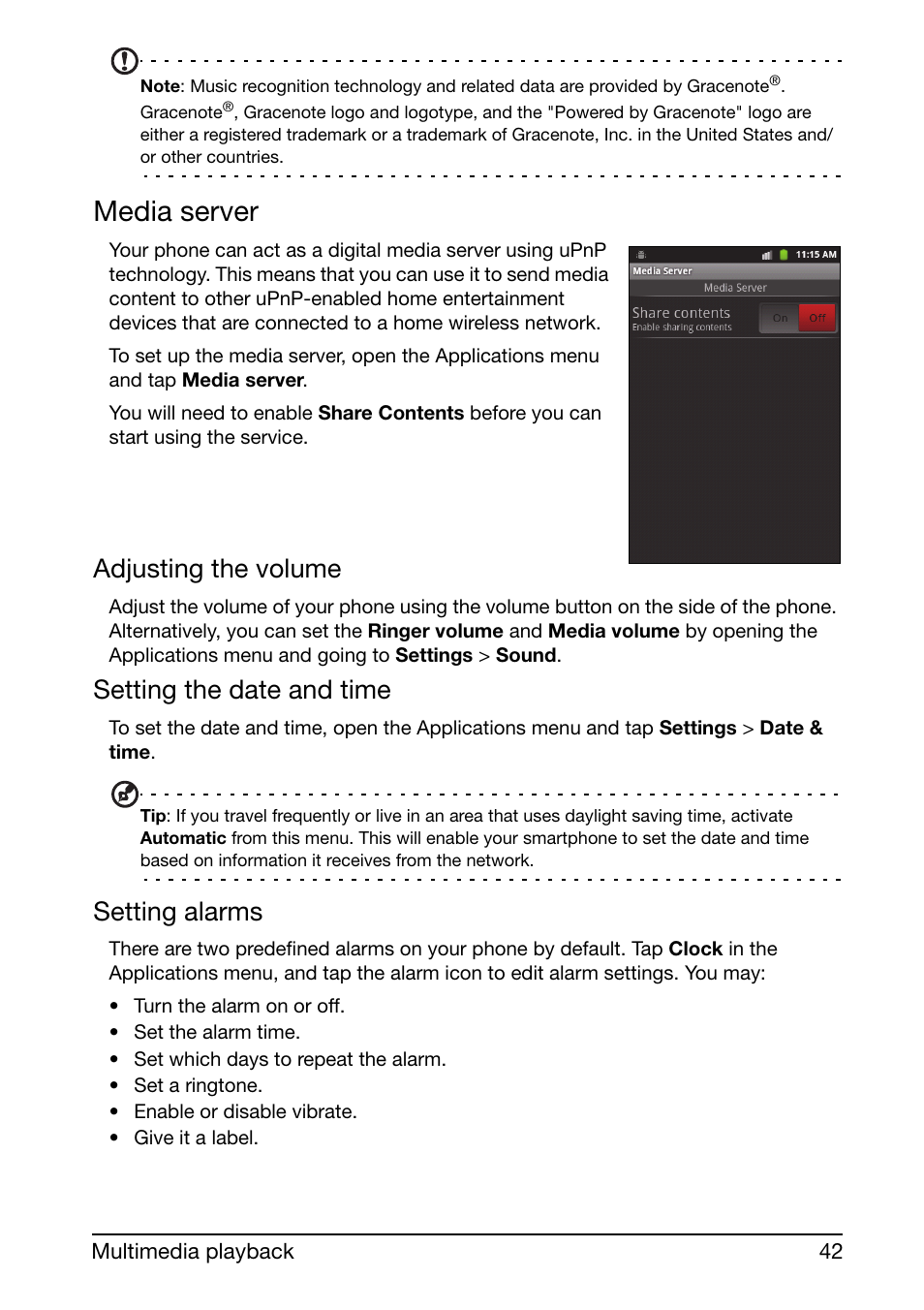 Media server, Adjusting the volume, Setting the date and time | Setting alarms | Acer Liquid mini Ferrari User Manual | Page 42 / 63