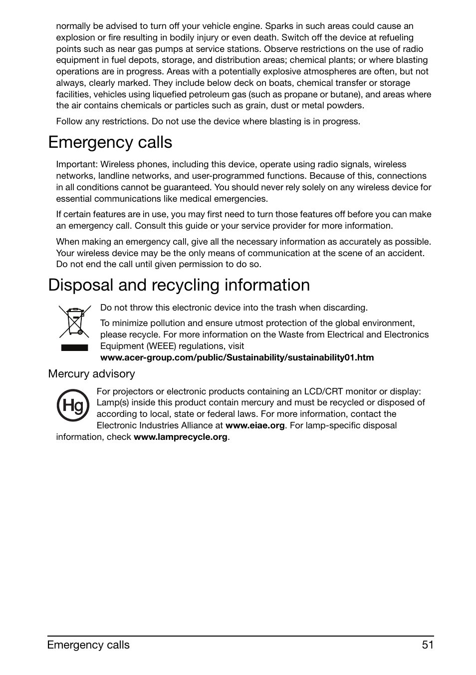 Emergency calls, Disposal and recycling information | Acer Liquid mini Ferrari User Manual | Page 51 / 63