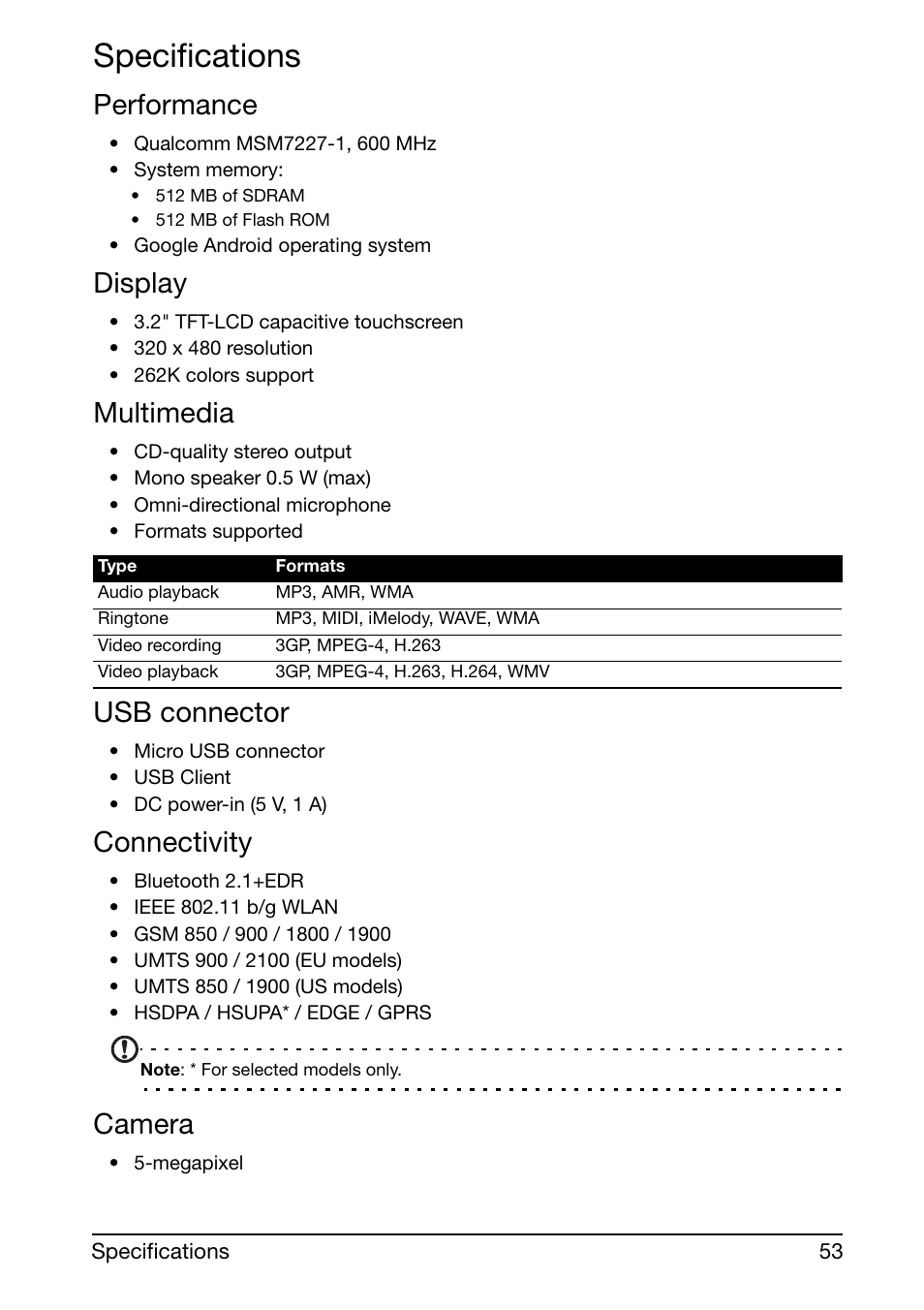 Specifications, Performance, Display | Multimedia, Usb connector, Connectivity, Camera | Acer Liquid mini Ferrari User Manual | Page 53 / 63