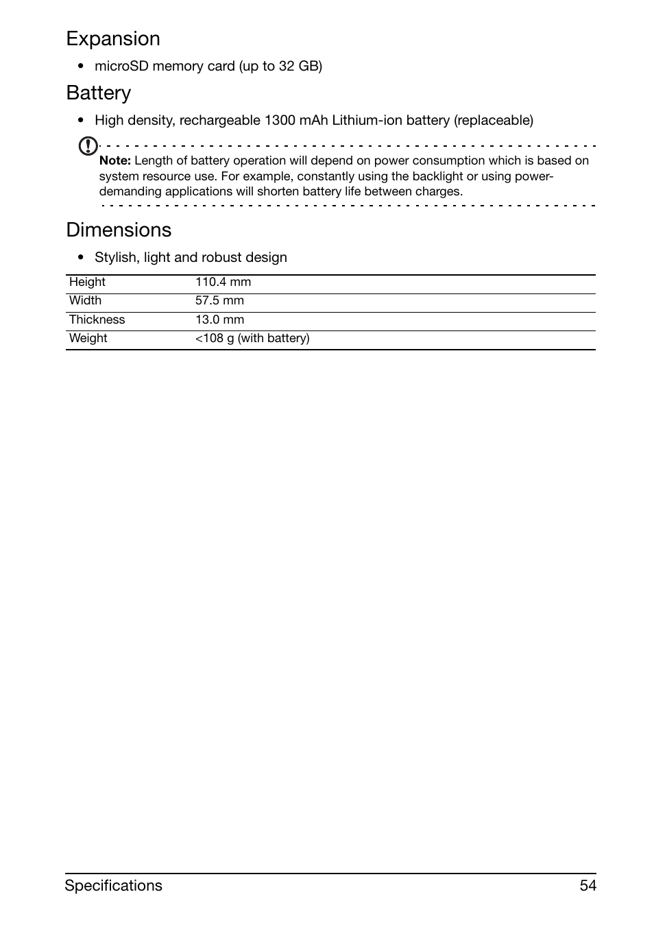 Expansion, Battery, Dimensions | Acer Liquid mini Ferrari User Manual | Page 54 / 63