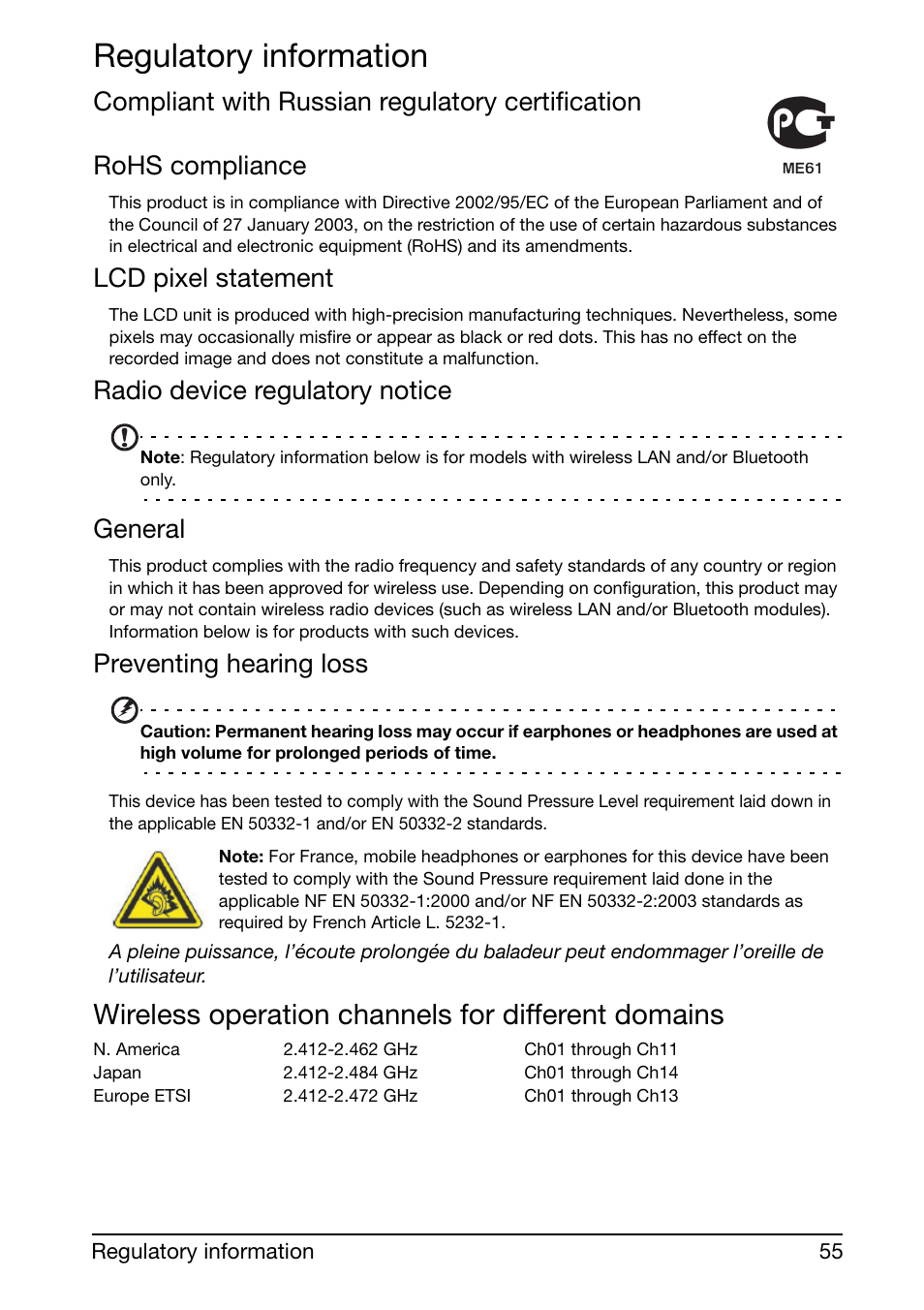 Regulatory information, Wireless operation channels for different domains, Lcd pixel statement | Radio device regulatory notice, General, Preventing hearing loss | Acer Liquid mini Ferrari User Manual | Page 55 / 63