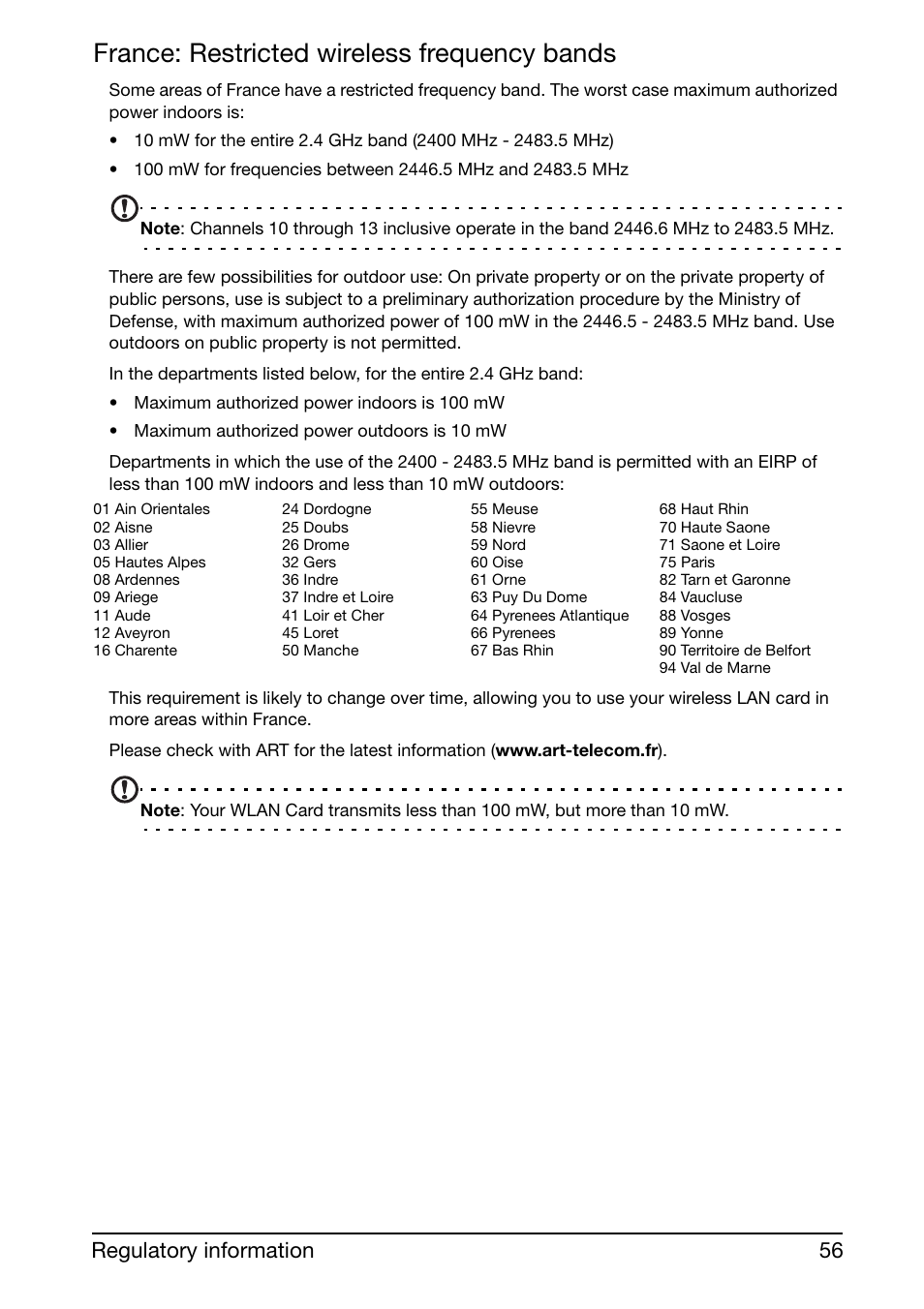 France: restricted wireless frequency bands, 56 regulatory information | Acer Liquid mini Ferrari User Manual | Page 56 / 63