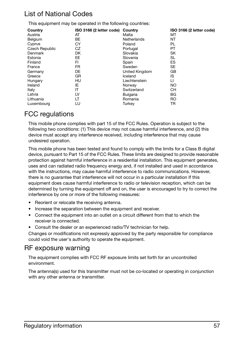 List of national codes, Fcc regulations, Rf exposure warning | Acer Liquid mini Ferrari User Manual | Page 57 / 63