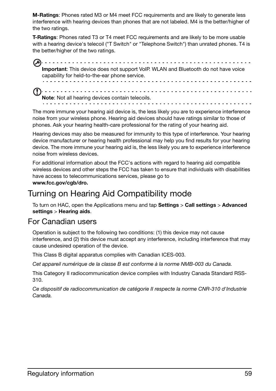 Turning on hearing aid compatibility mode, For canadian users | Acer Liquid mini Ferrari User Manual | Page 59 / 63