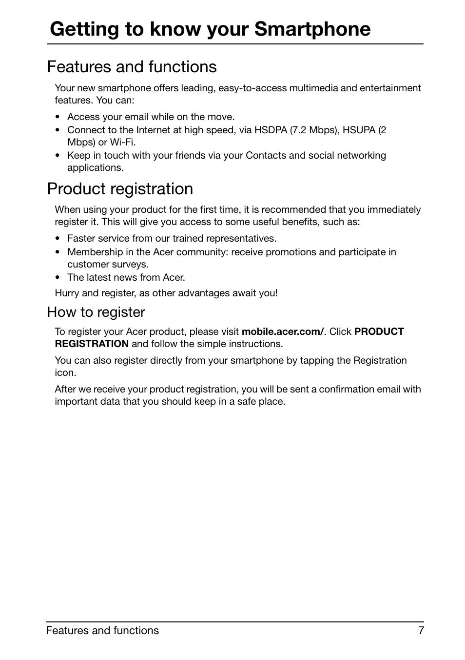 Features and functions, Product registration, Getting to know your smartphone | How to register | Acer Liquid mini Ferrari User Manual | Page 7 / 63