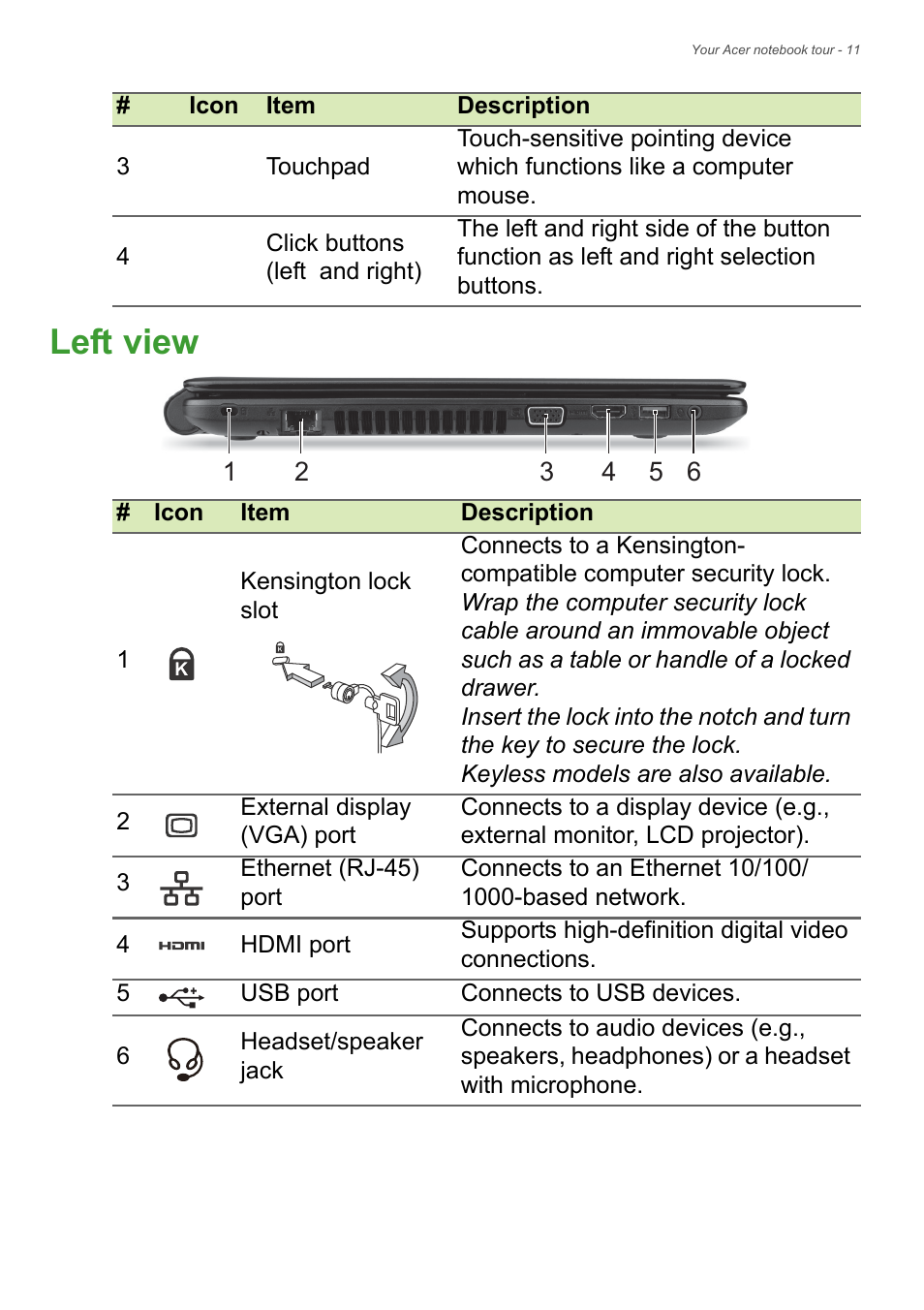 Left view | Acer Aspire E1-522 User Manual | Page 11 / 85