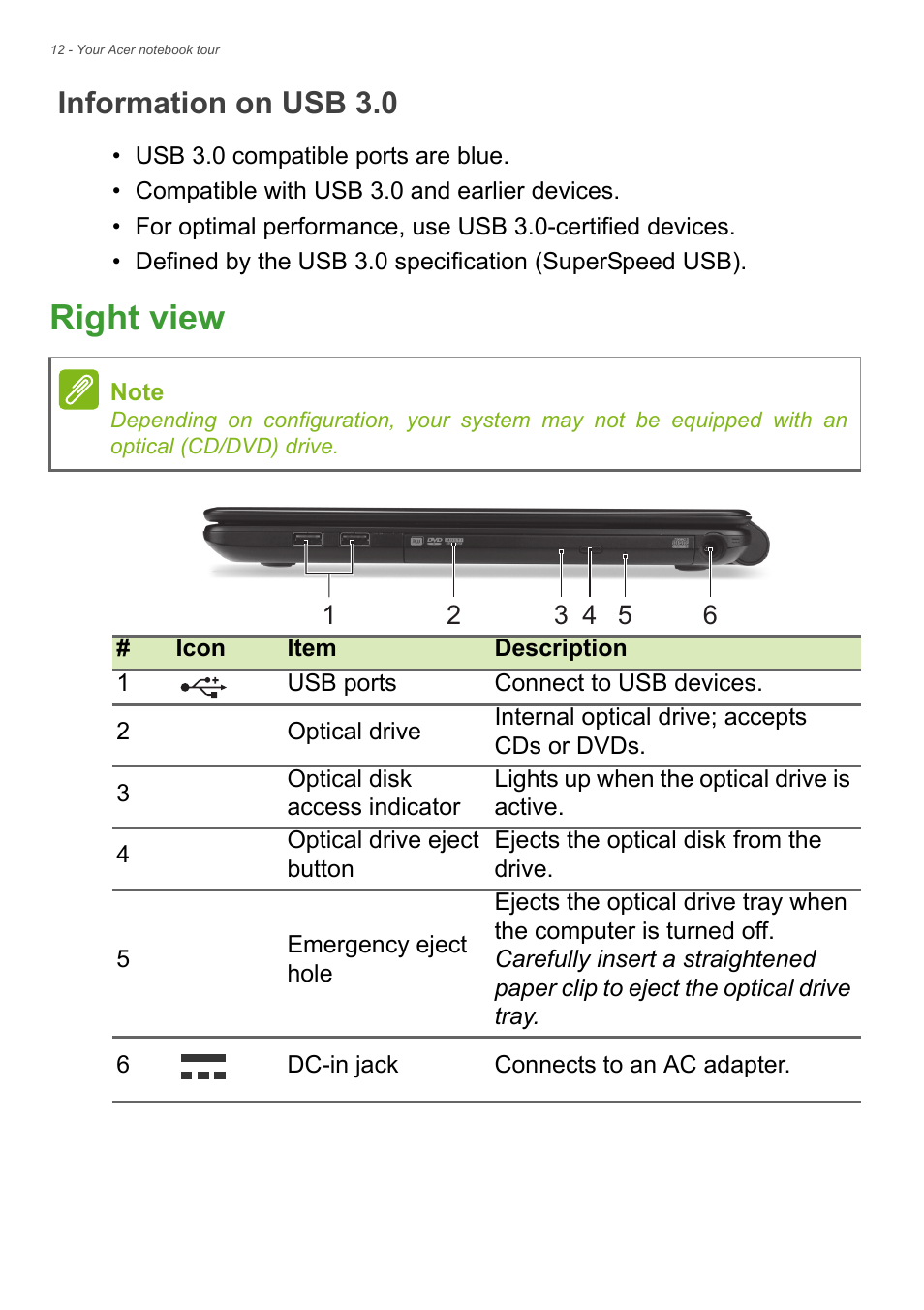 Information on usb 3.0, Right view | Acer Aspire E1-522 User Manual | Page 12 / 85