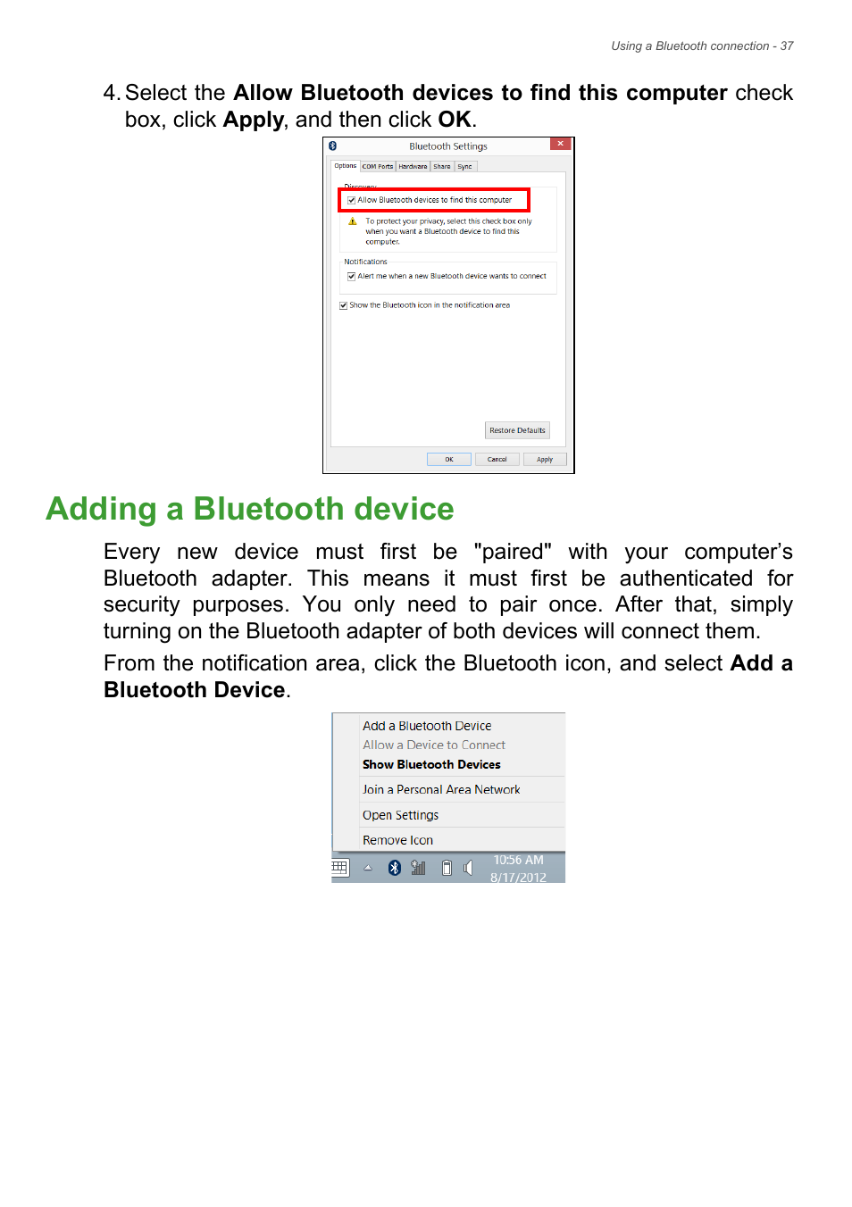 Adding a bluetooth device | Acer Aspire E1-522 User Manual | Page 37 / 85