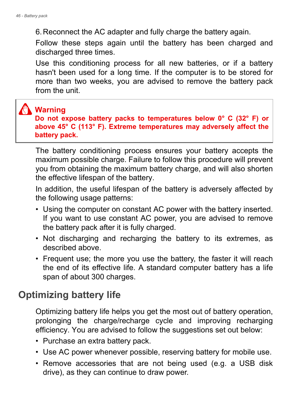 Optimizing battery life | Acer Aspire E1-522 User Manual | Page 46 / 85