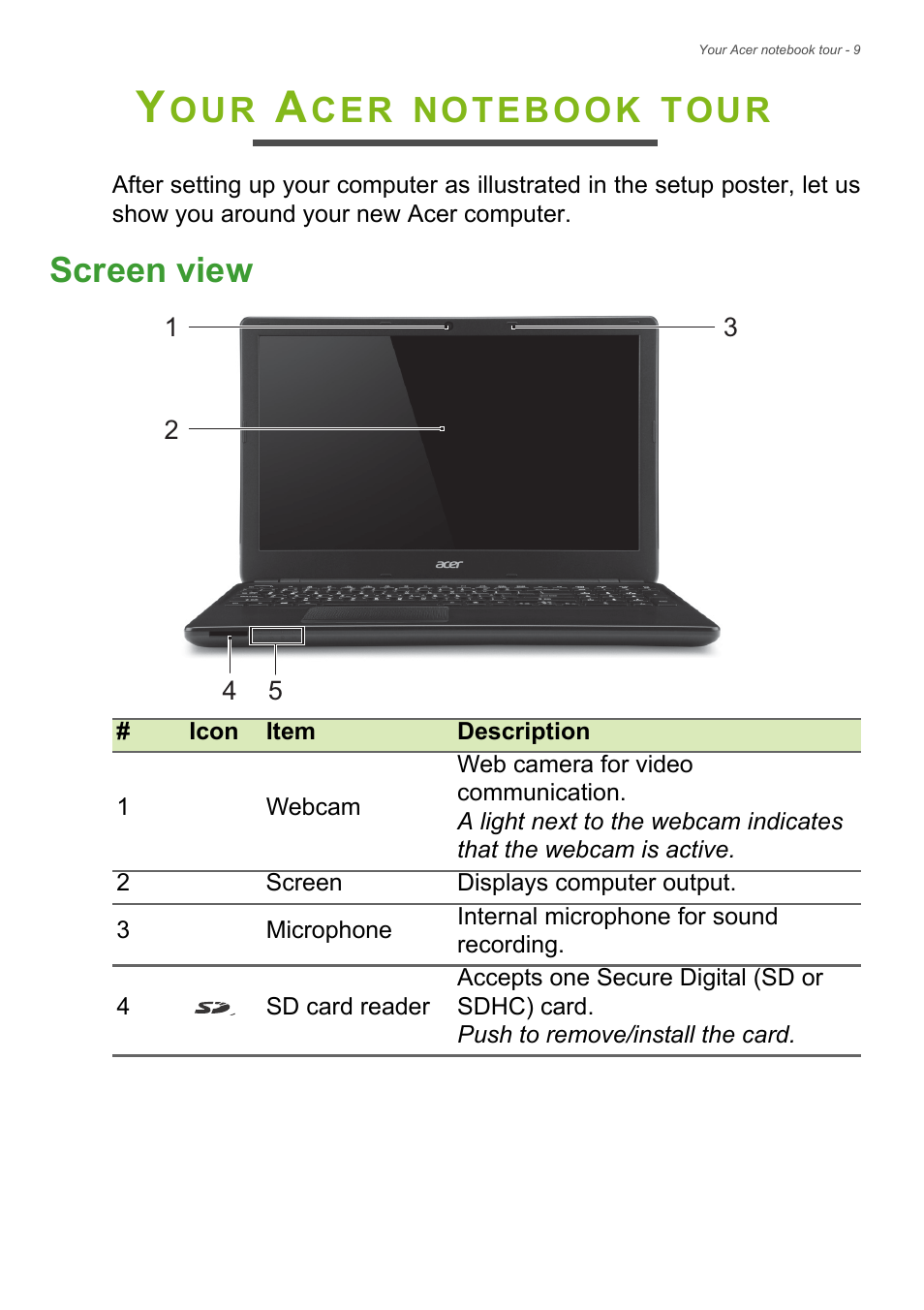 Your acer notebook tour, Screen view, Tour | Acer Aspire E1-522 User Manual | Page 9 / 85