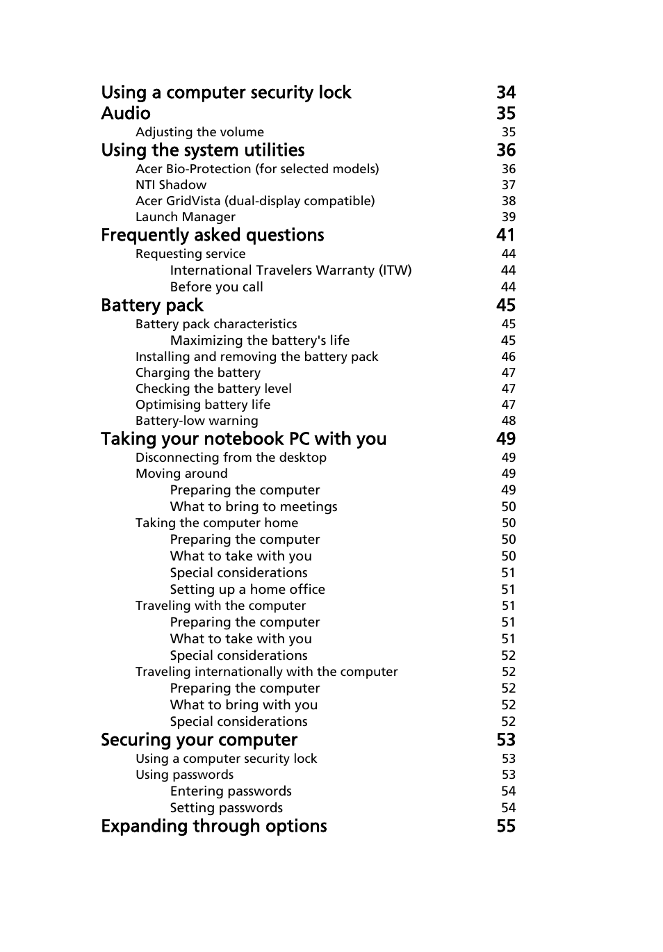 Using a computer security lock 34 audio 35, Using the system utilities 36, Frequently asked questions 41 | Battery pack 45, Securing your computer 53, Expanding through options 55 | Acer Extensa 5120 User Manual | Page 17 / 98