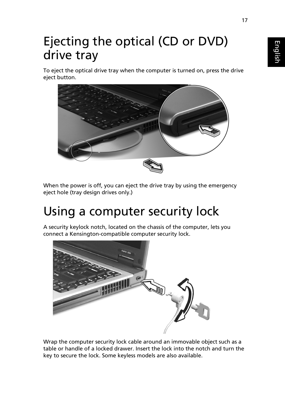 Ejecting the optical (cd or dvd) drive tray, Using a computer security lock, Ejecting the optical (cd or dvd) drive tray 17 | Acer Aspire 5500 User Manual | Page 25 / 76