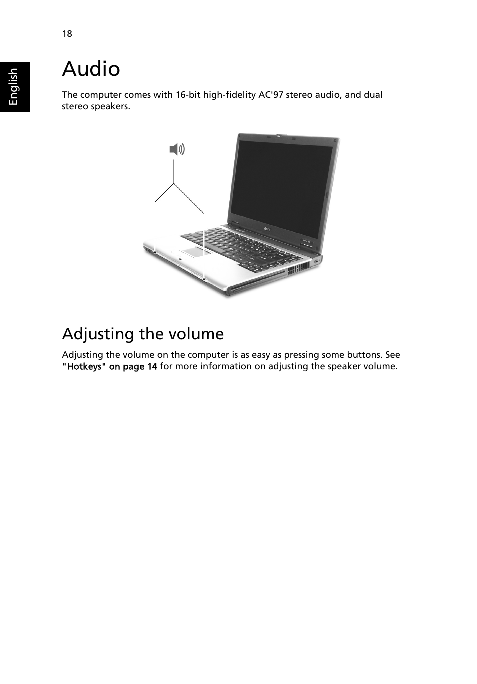Audio, Adjusting the volume | Acer Aspire 5500 User Manual | Page 26 / 76